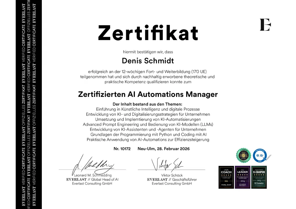 everlast Zertifikat AI Automation Manager für Denis Schmidt