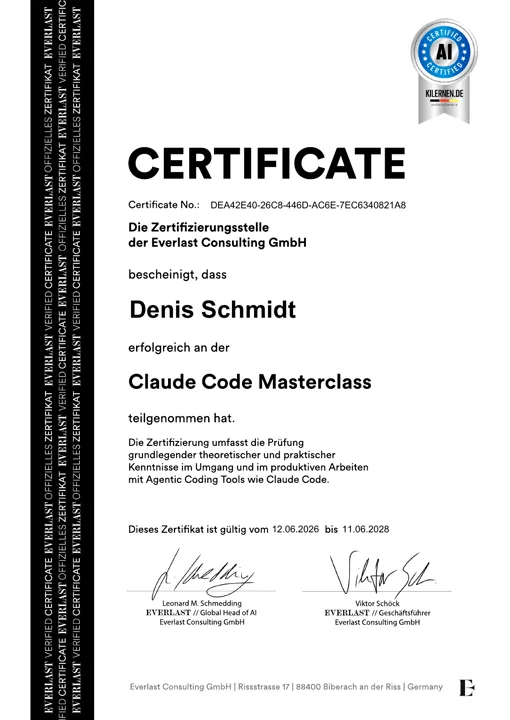 everlast Zertifikat Claude Code Masterclass für Denis Schmidt