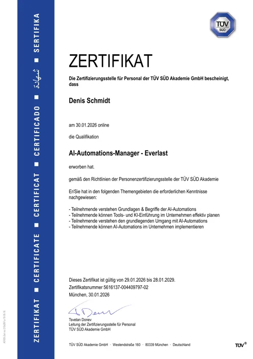 TÜV Süd Zertifikat AI Automation Manager für Denis Schmidt